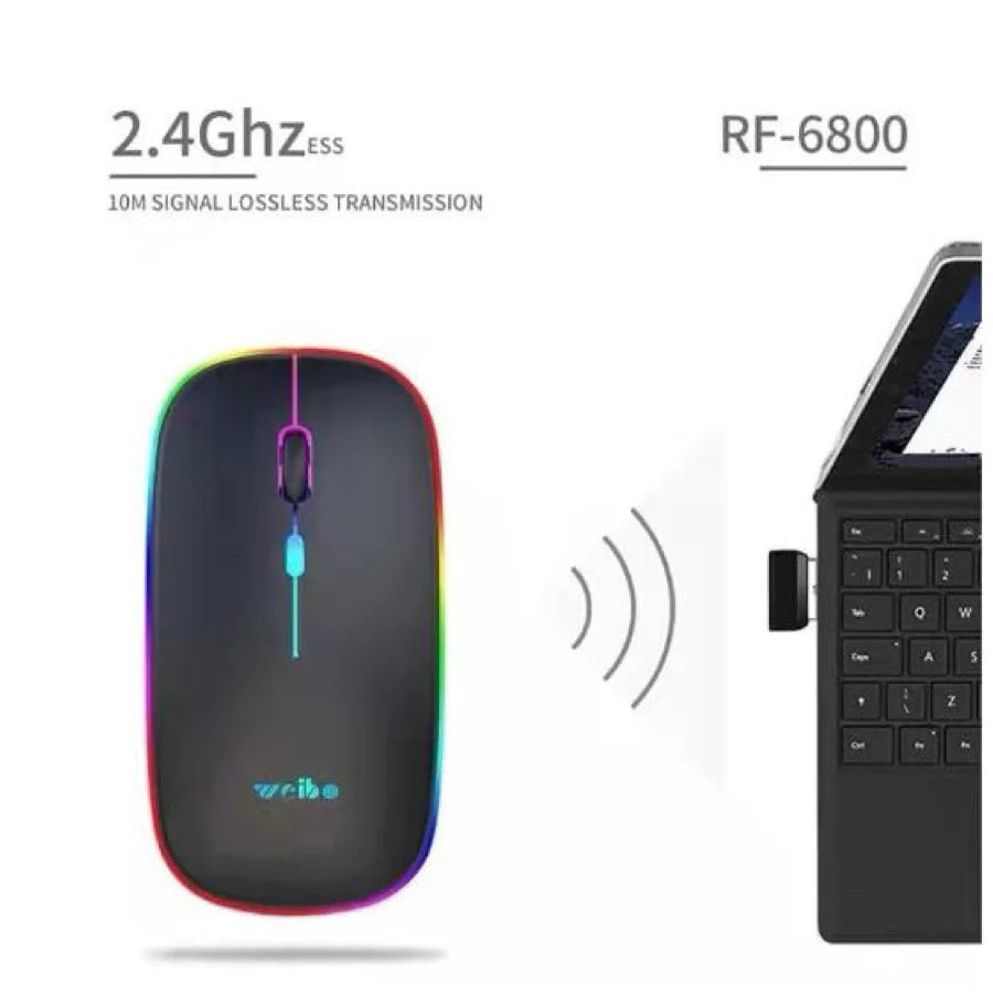 Mouse Sem Fio Silencioso Ergonômico Recarregável com LED RGB