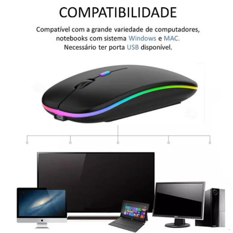 Mouse Sem Fio Silencioso Ergonômico Recarregável com LED RGB