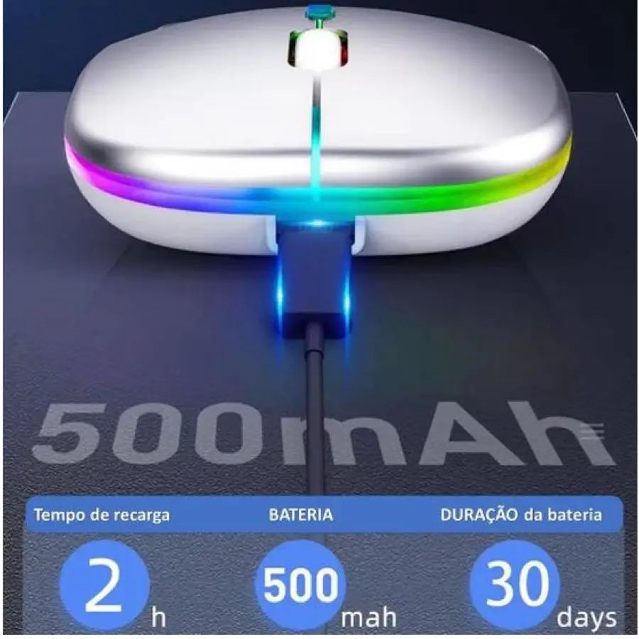 Mouse Sem Fio Silencioso Ergonômico Recarregável com LED RGB