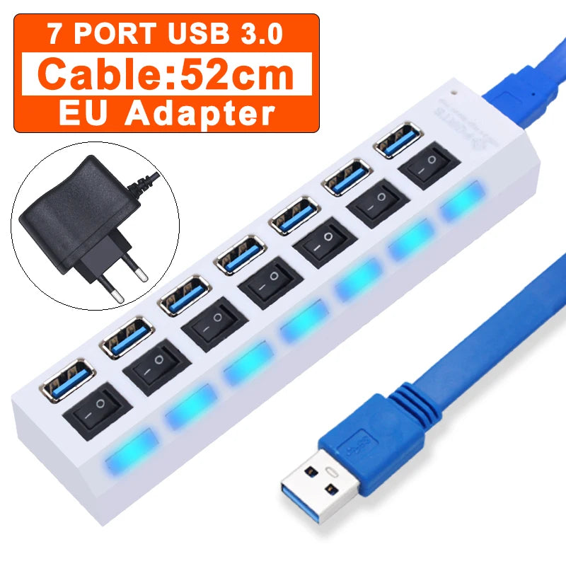 Hub USB 3.0 com 7 Portas e Switch Individual por Porta