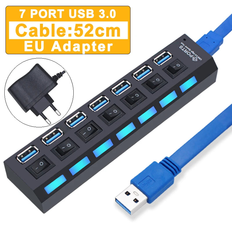 Hub USB 3.0 com 7 Portas e Switch Individual por Porta