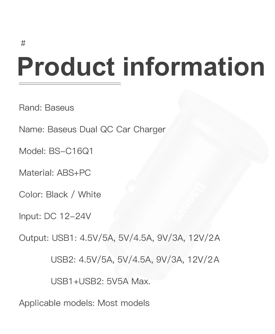 Carregador Veicular Baseus 30W com Carregamento Rápido QC4.0 e USB-C