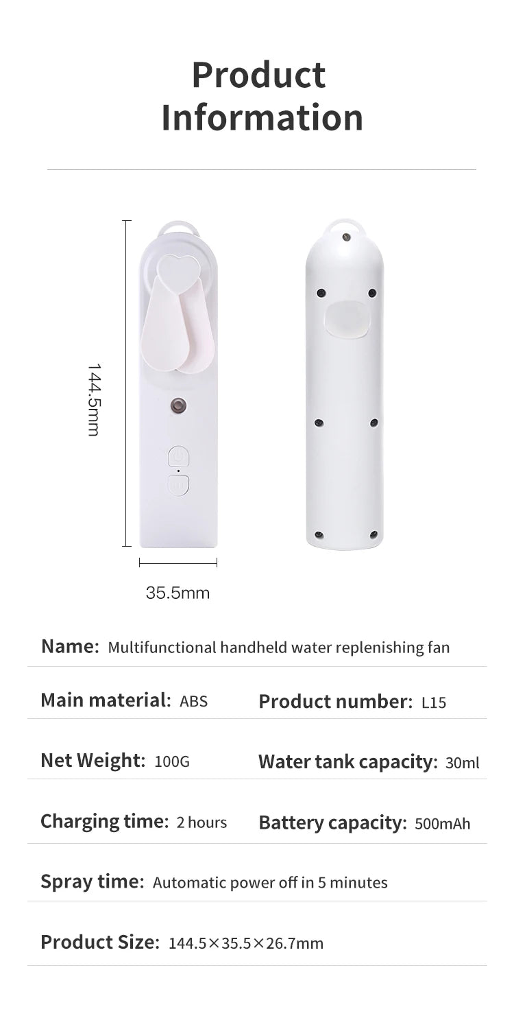 Mini Ventilador USB com Umidificador e Difusor Nano Spray 500mAh