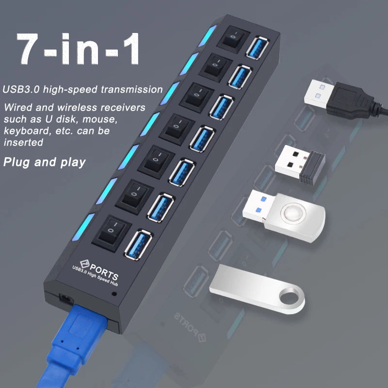 Hub USB 3.0 com 7 Portas e Switch Individual por Porta