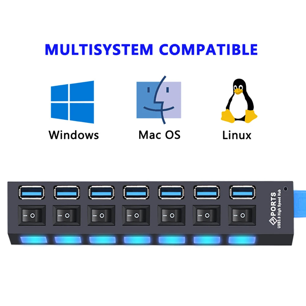 Hub USB 3.0 com 7 Portas e Switch Individual por Porta