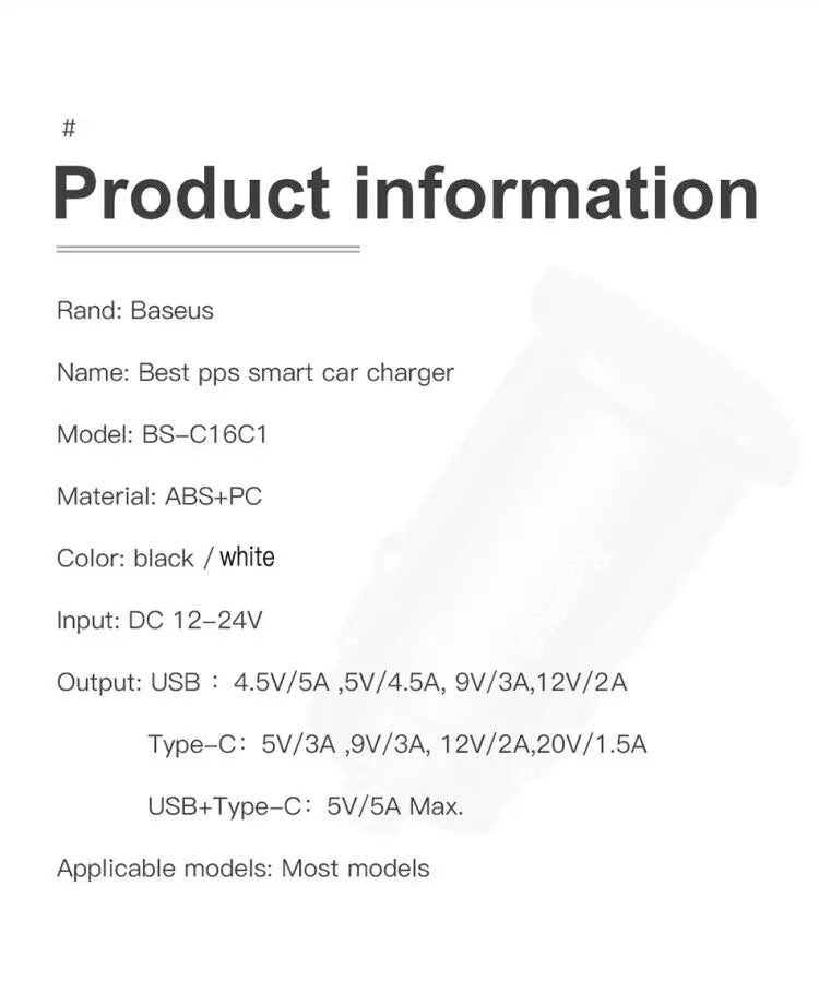 Carregador Veicular Baseus 30W com Carregamento Rápido QC4.0 e USB-C