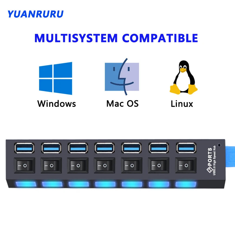 Hub USB 3.0 com 7 Portas e Switch Individual por Porta