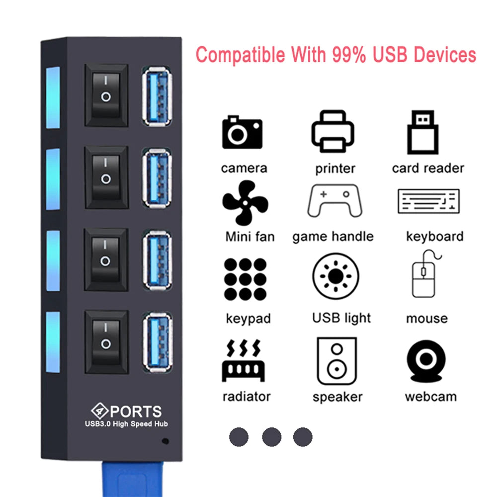 Hub USB 3.0 com 7 Portas e Switch Individual por Porta