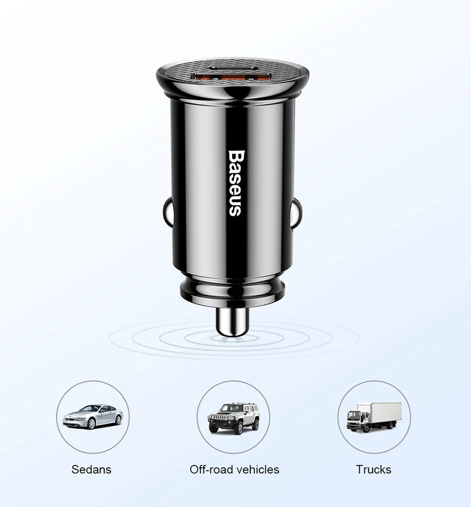 Carregador Veicular Baseus 30W com Carregamento Rápido QC4.0 e USB-C