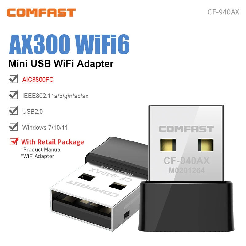 Adaptador USB Wi-Fi 6 COMFAST Mini Sem Driver 600Mbps