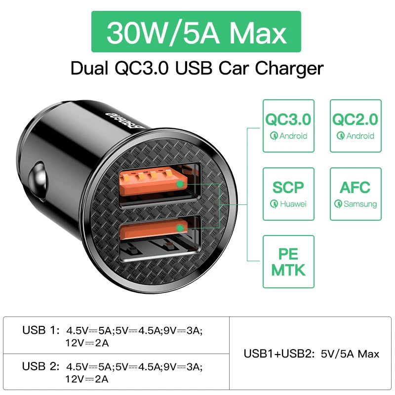Carregador Veicular Baseus 30W com Carregamento Rápido QC4.0 e USB-C