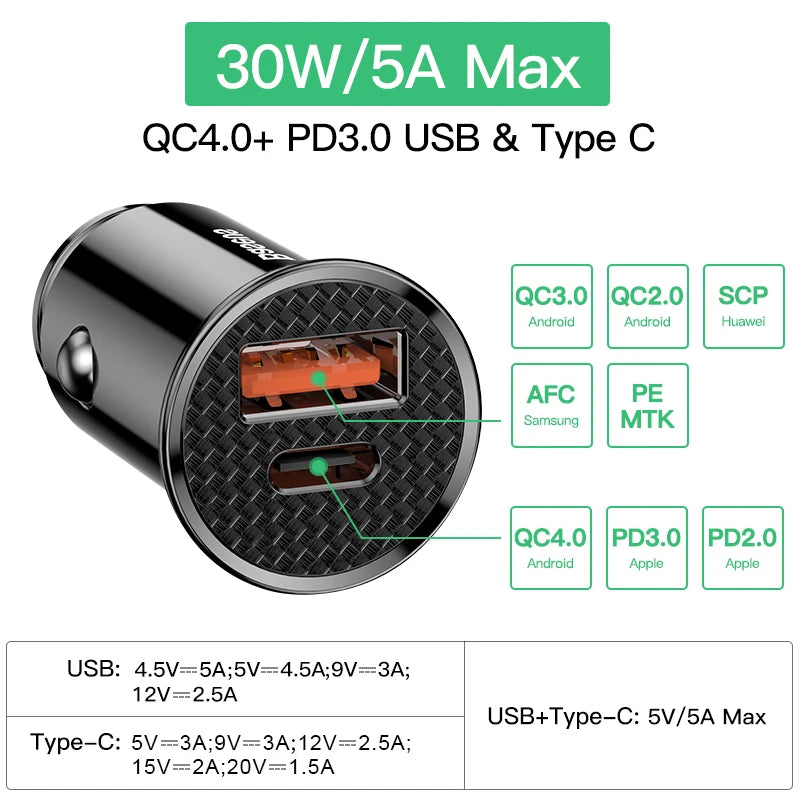 Carregador Veicular Baseus 30W com Carregamento Rápido QC4.0 e USB-C