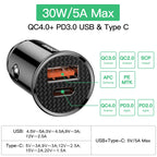 Carregador Veicular Baseus 30W com Carregamento Rápido QC4.0 e USB-C
