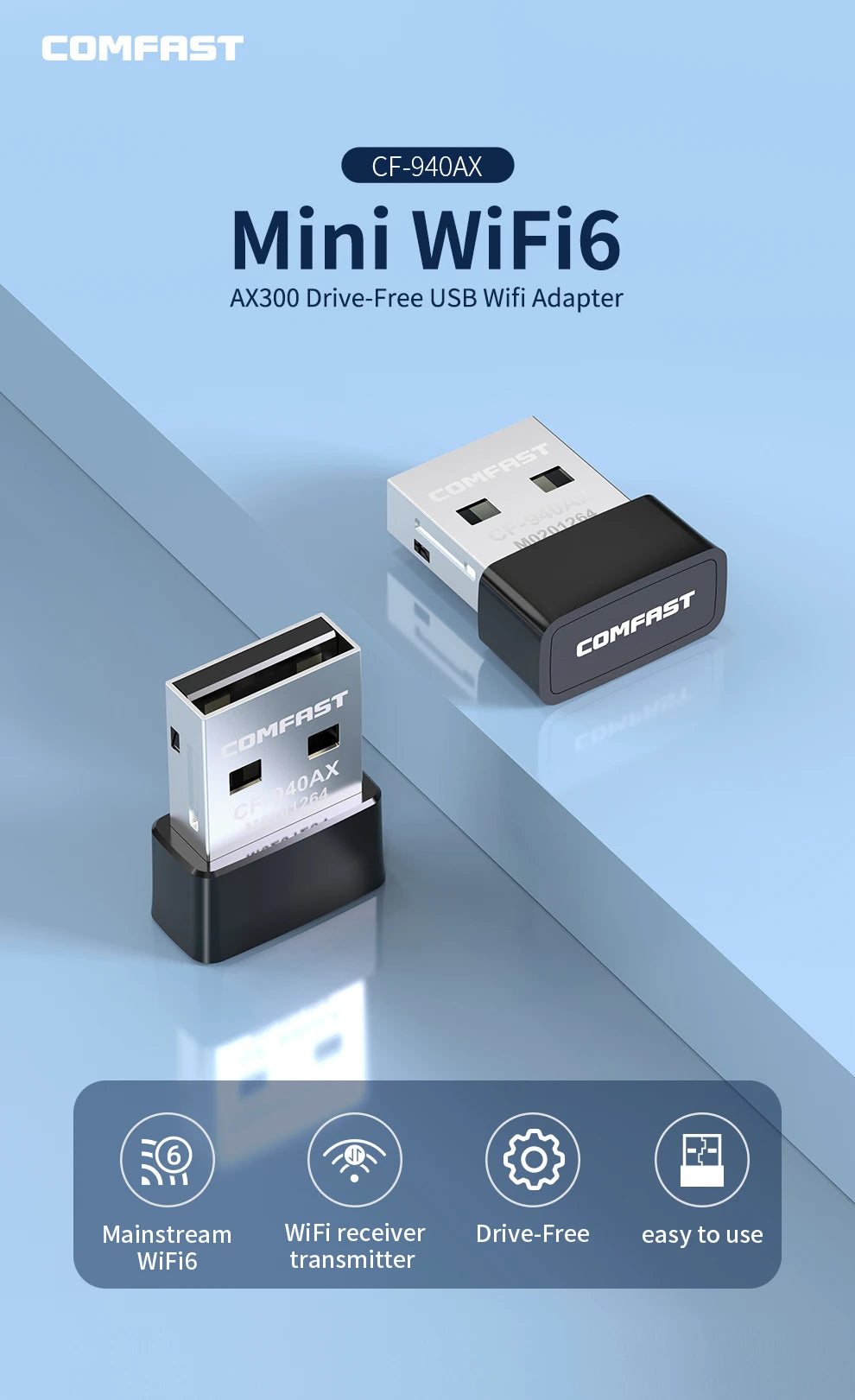 Adaptador USB Wi-Fi 6 COMFAST Mini Sem Driver 600Mbps