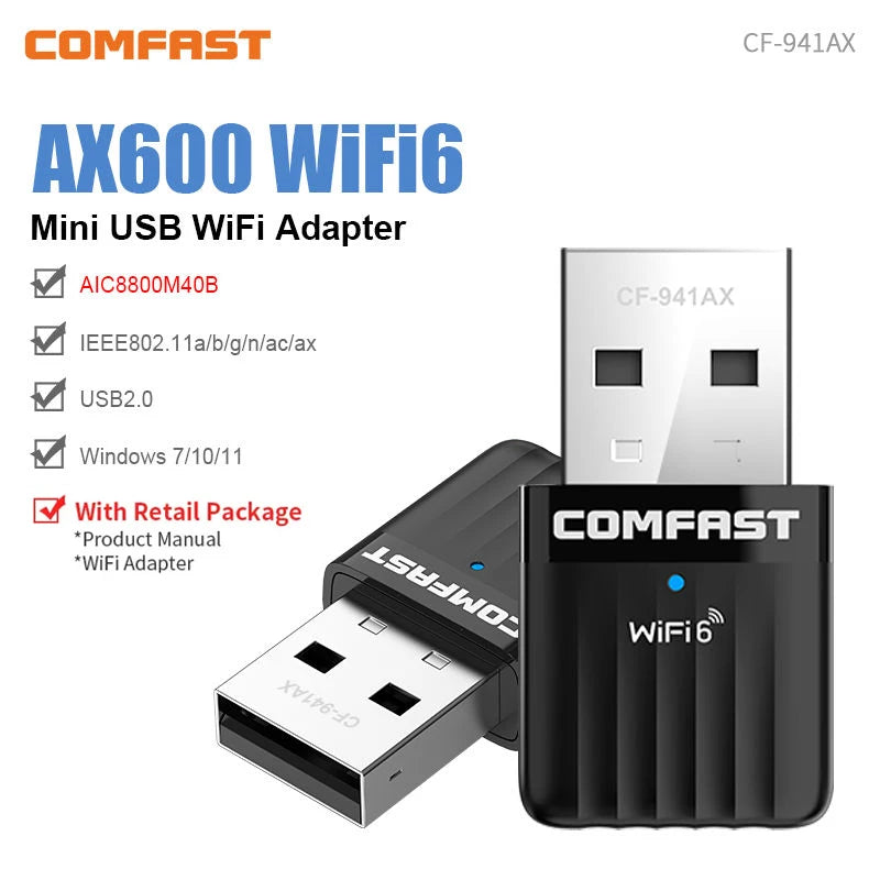 Adaptador USB Wi-Fi 6 COMFAST Mini Sem Driver 600Mbps