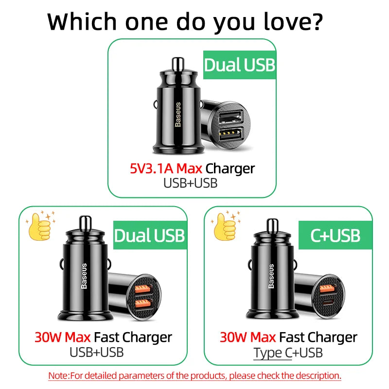 Carregador Veicular Baseus 30W com Carregamento Rápido QC4.0 e USB-C