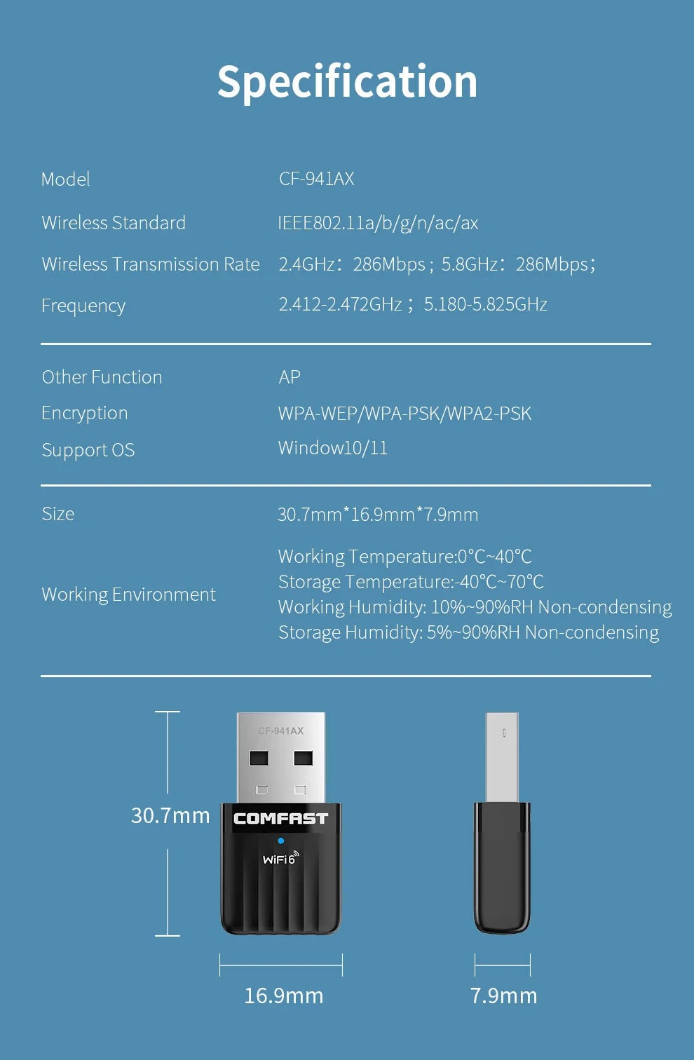 Adaptador USB Wi-Fi 6 COMFAST Mini Sem Driver 600Mbps