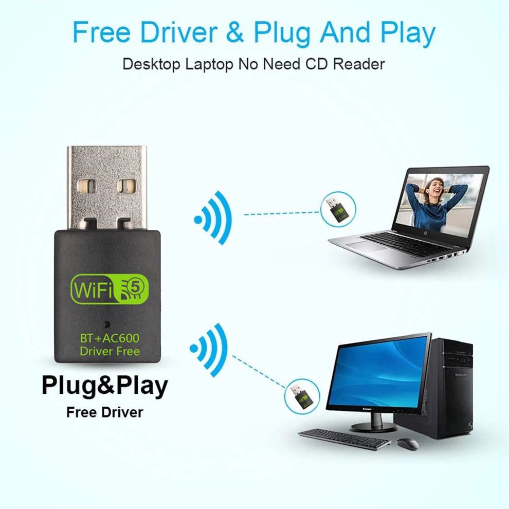 Adaptador USB Wi-Fi + Bluetooth 2 em 1 600Mbps Dual Band