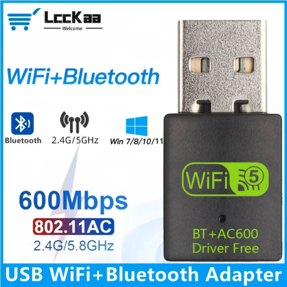 Adaptador USB Wi-Fi + Bluetooth 2 em 1 600Mbps Dual Band