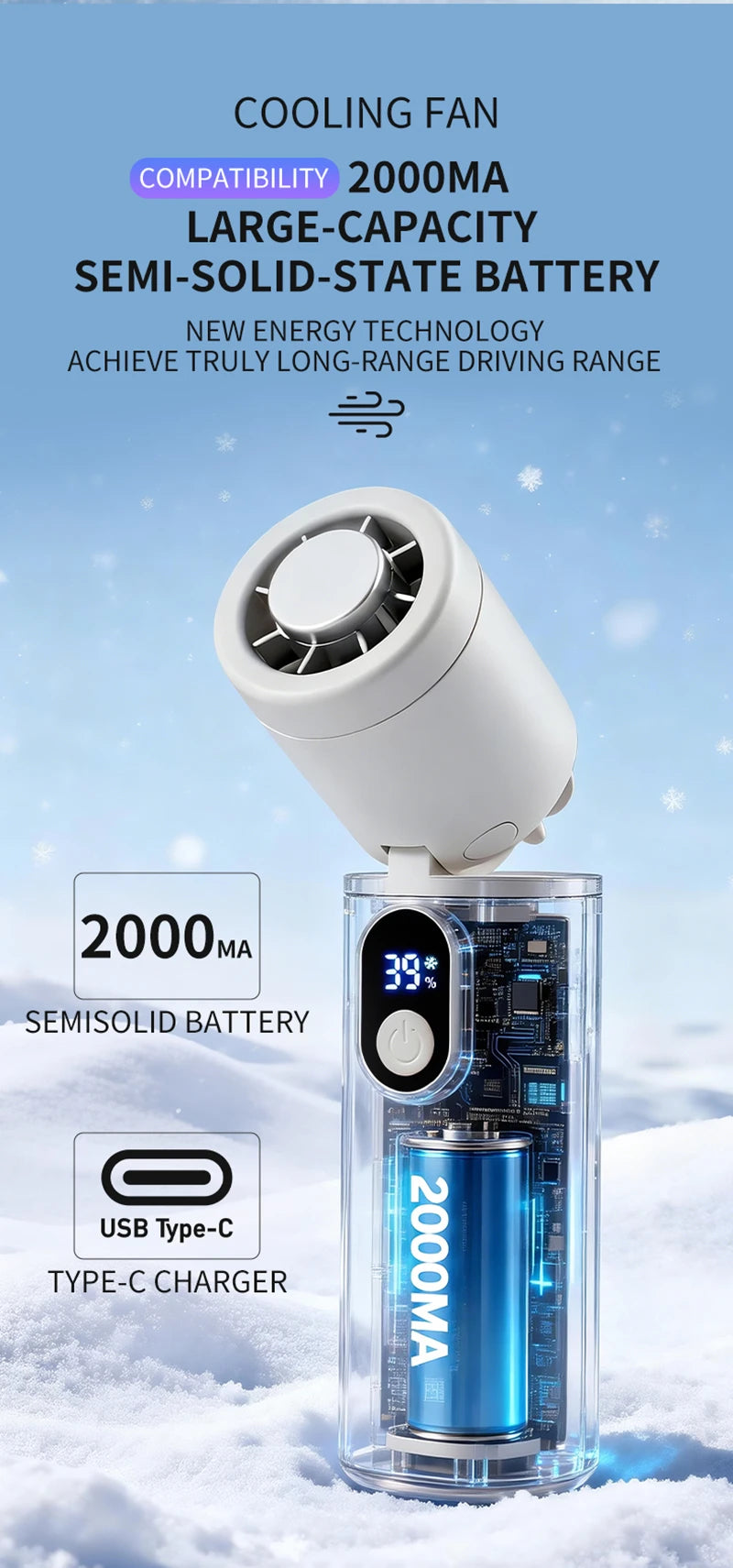 Ventilador de Mão Portátil Lenovo Recarregável