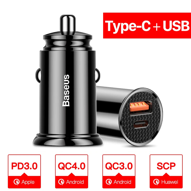 Carregador Veicular Baseus 30W com Carregamento Rápido QC4.0 e USB-C