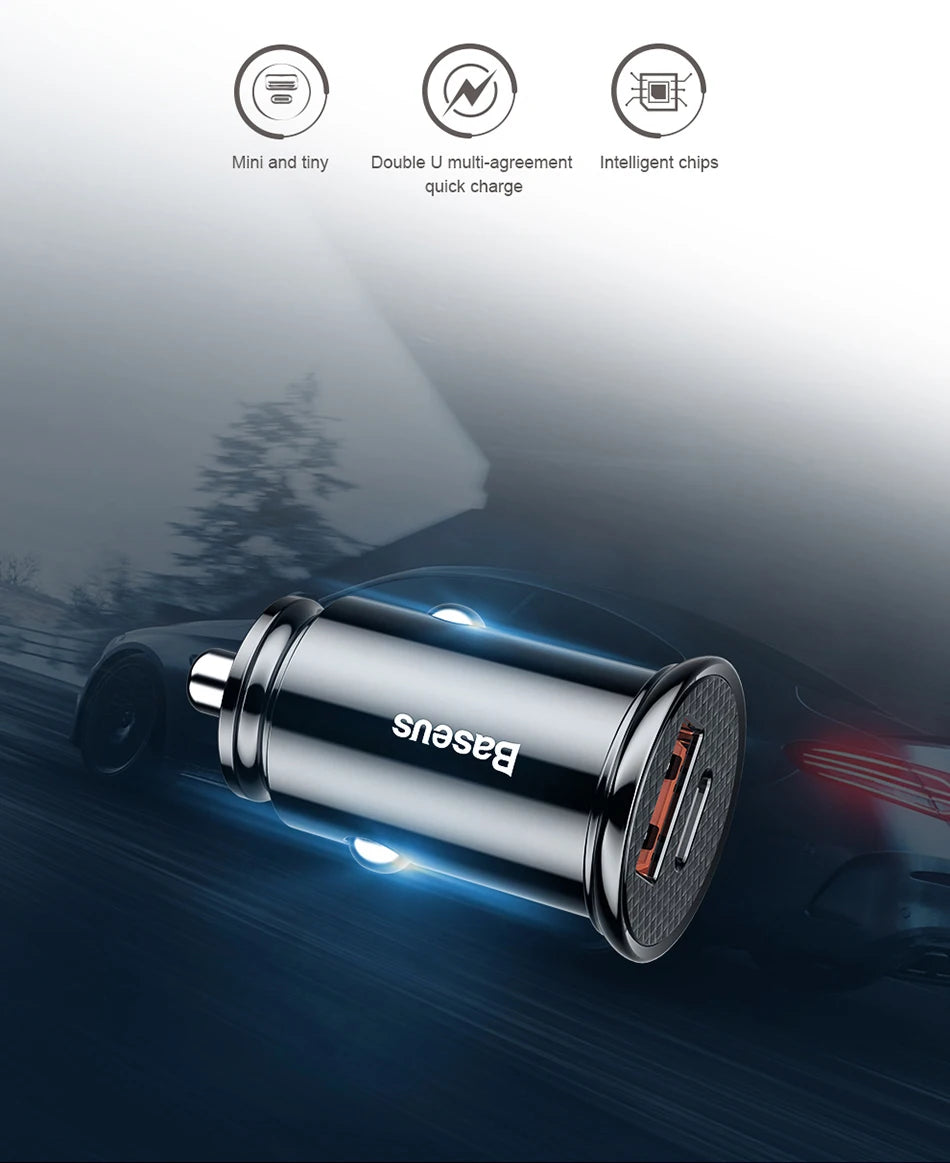 Carregador Veicular Baseus 30W com Carregamento Rápido QC4.0 e USB-C