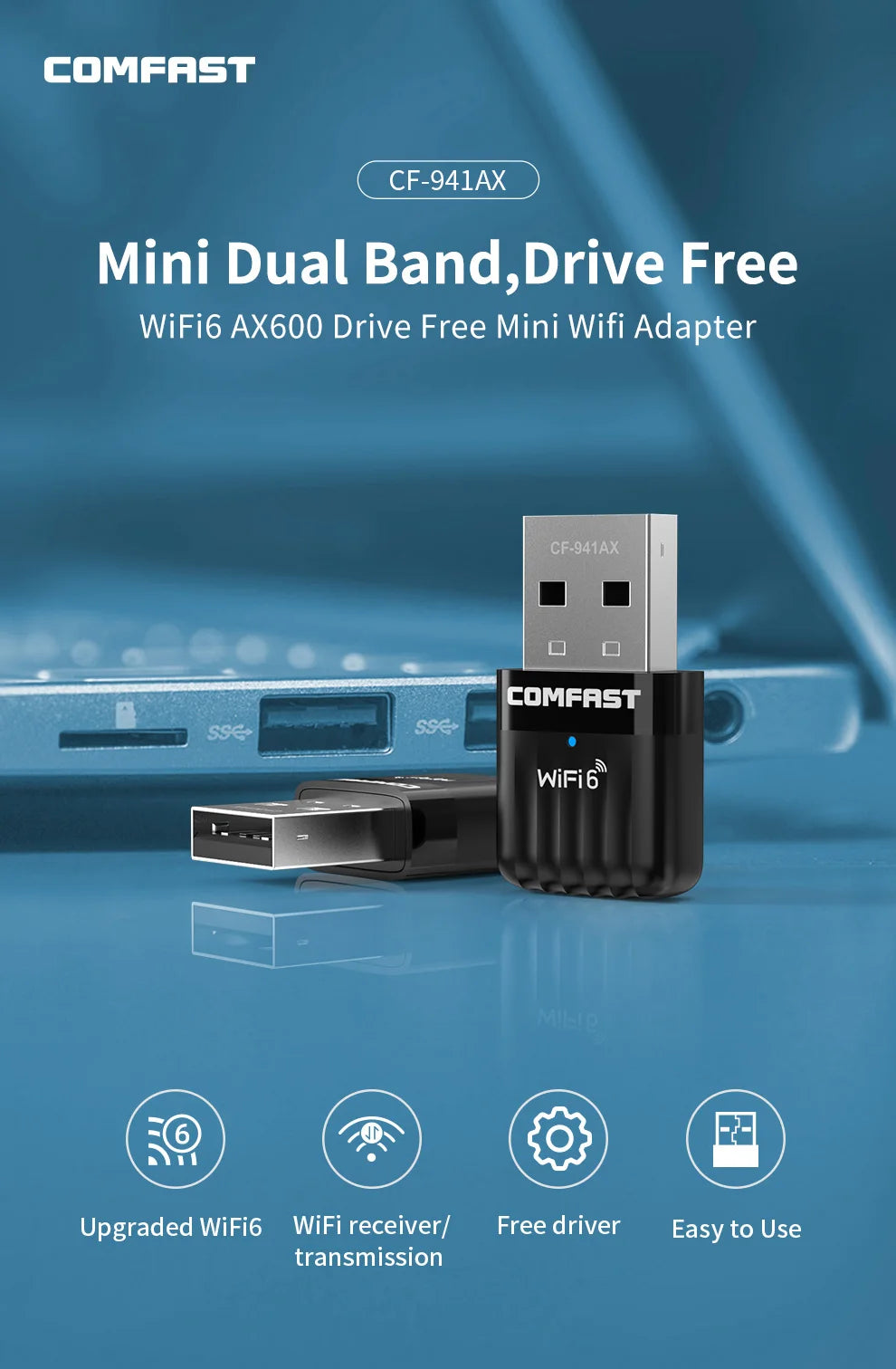 Adaptador USB Wi-Fi 6 COMFAST Mini Sem Driver 600Mbps