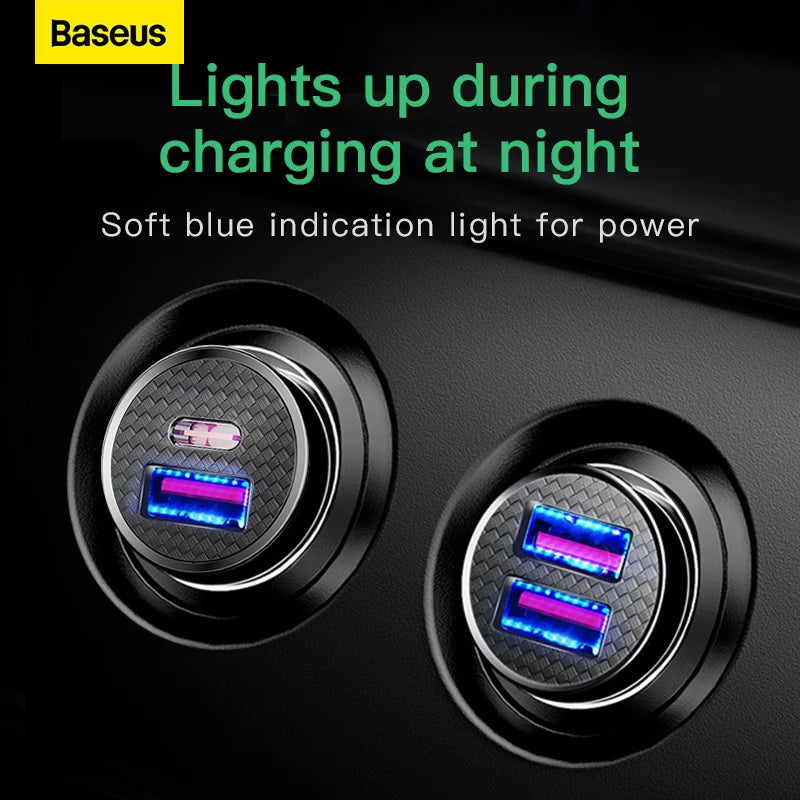 Carregador Veicular Baseus 30W com Carregamento Rápido QC4.0 e USB-C