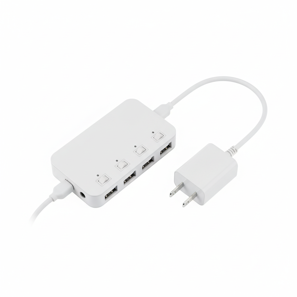 Hub USB 3.0 4 portas plug EUA flat lay