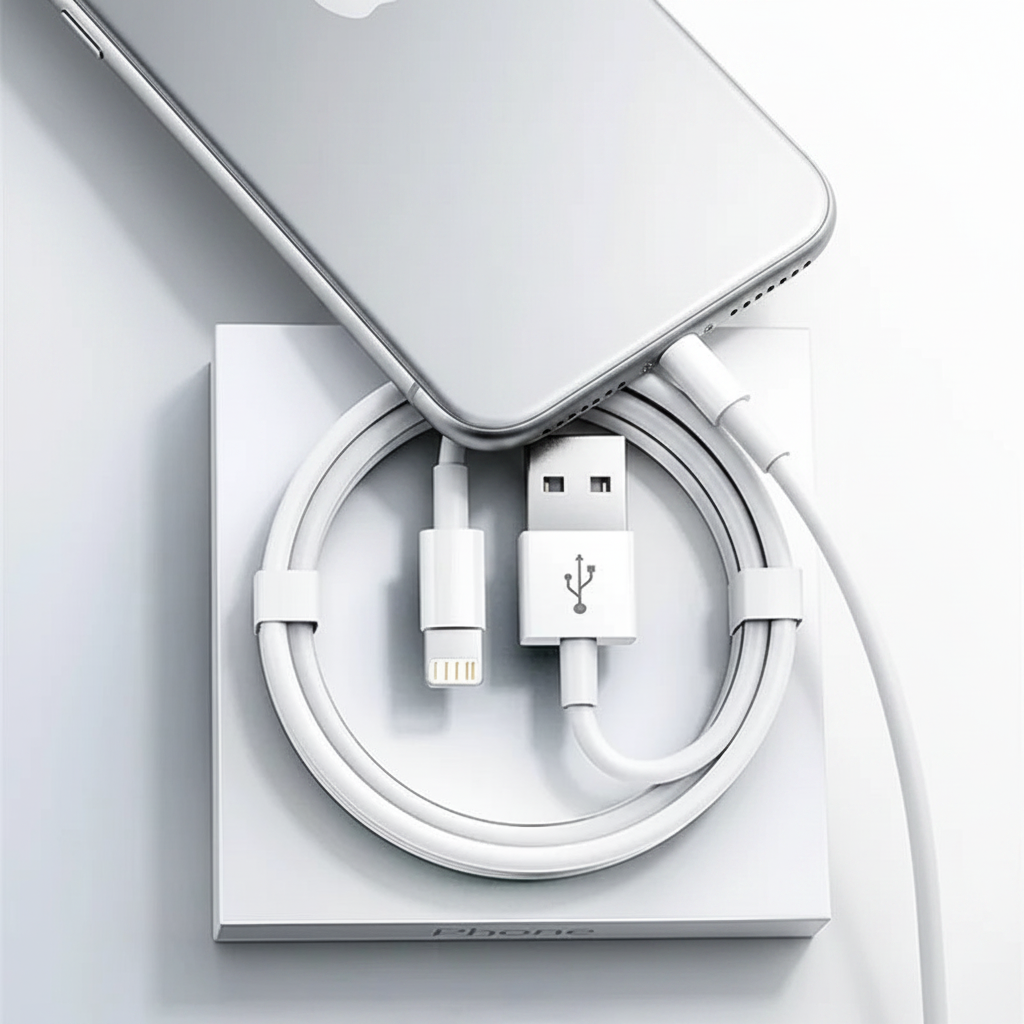 Cabo USB Lightning para iPhone conectado ao iPhone