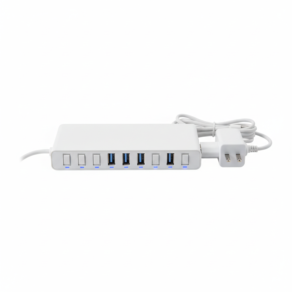 Hub USB 3.0 7 portas plug EUA flat lay