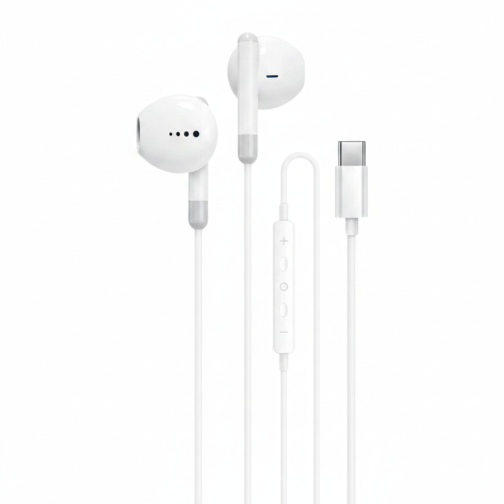 Fone com fio Type-C Jack branco - vista flat lay